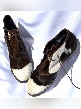 Joan & David Brown and White Haircalf Lace-Up Ankle Booties